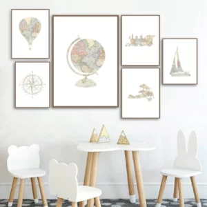 Affiche murale imprimée de carte du monde avec montgolfière, avion, train