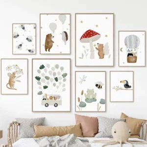 Affiche de petits animaux en aquarelle, ours, hérisson, panda, toucan, voiture, ballon
