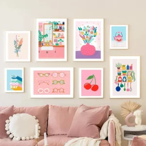 Affiche abstraite d'un vase avec fleurs, bouilloire, lunettes, cerise