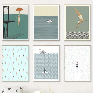 Affiches en lot de 6, plage, mer, bateau en papier, été, plongée féminine