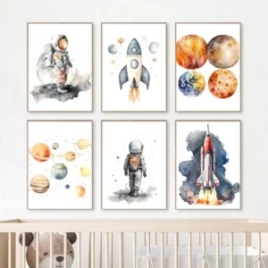 Affiche murale d'aquarelle avec astronaute, vaisseau spatial, fusée, planète spatiale