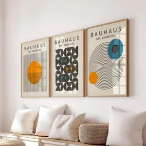 Affiche d'art abstrait de ligne ondulée bleue et jaune BAUHAUS