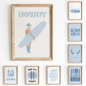 Affiche de Cowgirl à la plage, taureau, crâne, Aloha, planche de surf