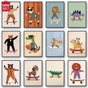 Affiche d'animaux drôles MINISO lapin chien ours chat Lion skateboard