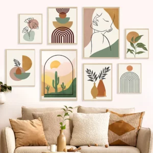 Affiche aux formes géométriques, ligne, fille, cactus, feuille et fleurs géométrique