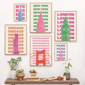 Affiche avec les noms de villes colorés
