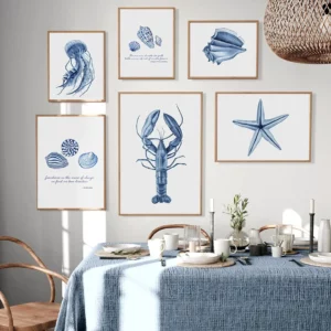 Affiches de créatures de mer côtière bleue aquarelle, imprimés de poulpe, conque, méduse