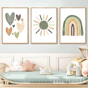 Affiche en toile dessin Vert, Soleil, Nuage, Lune, Arc-en-ciel, Cœur, Étoile