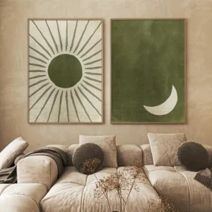 Affiche soleil ou lune, style bohème et minimaliste, aux couleurs douces