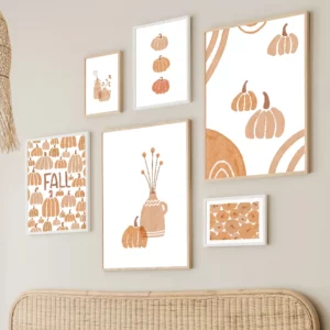 Affiche d'automne, affiches nordiques bohèmes, citrouille, fleurs, orange