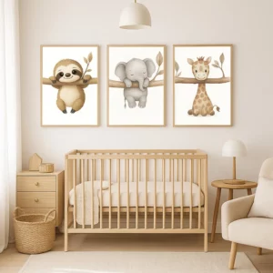 Affiche murale d'un ensemble d'animaux mignons, girafe, éléphant et paresseux