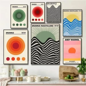 Affiche de l'exposition moderne nordique Bauhaus géométrique du milieu du siècle
