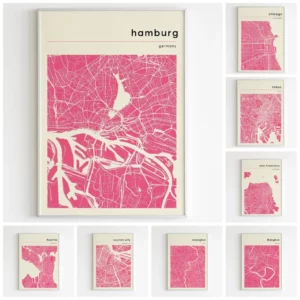 Affiches des cartes de ville, rose et blanc, Bangkok, Hambourg, Chicago, San Francisco