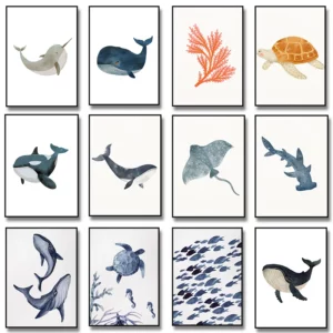 Affiche d'animaux marins, requin, tortue, dauphin, baleine