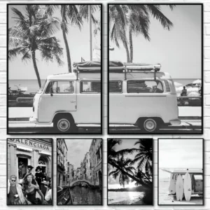 Affiche de photographie de paysage, de plage, palmier, en noir et blanc