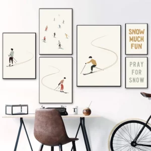 Affiche minimaliste et moderne d'une skieur, télécabine, ski, neige