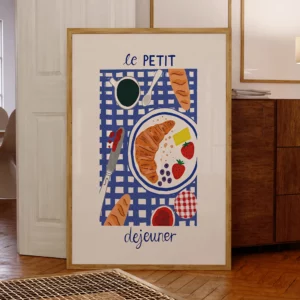Affiche d'un petit déjeuner à la française, croissant, confiture, café