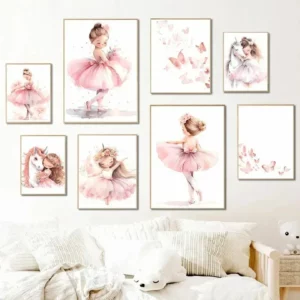 Affiche d'une petite fille en tenue de danse, rose, ballerine, licorne, papillon