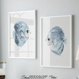 Affiche de poissons marins, style aquarelle bleue