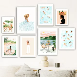 Affiche d'aquarelle tropicale bain de soleil surf été plage loisirs vacances