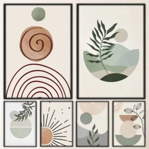 Affiche abstraite aux formes géométrique, Feuilles, Soleil, Lune, Bohème