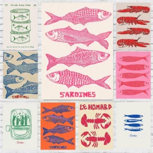 Affiche rétro de cuisine, poisson, Sardines bleues, homard rouge, thon