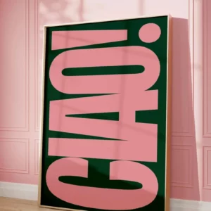 Affiche rétro vert foncé et rose vif italien Ciao