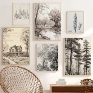Affiche de paysage naturel, croquis de ferme