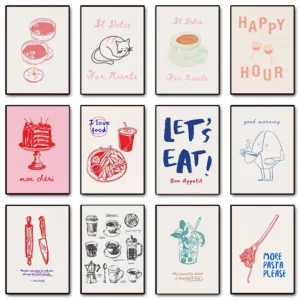 Affiche rétro tendance avec citations alimentaires de cuisine, ustensiles de Cocktail, vin