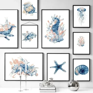Affiche des animaux de l'océan, bleu, mer, hippocampes, vie marine, tortue