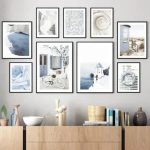 Affiche minimaliste et moderne, plage, printemps, bleu clair