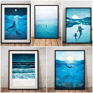 Affiche sur toile océan bleu, nautique, baleines, natation sauvage, paysage marin