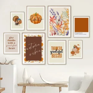 Affiches aux couleurs automnales avec des fleurs séchées, glands et citrouille pour une ambiance chaleureuse et cosy