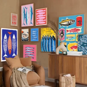 Affiche colorée en forme de sardine, homard, poisson, océan, animaux