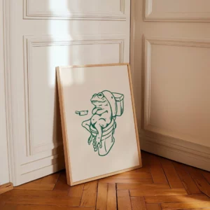 Affiche sur toile d'art rétro d'une grenouille verte sur les toilettes