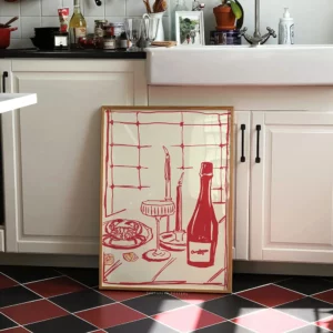 Affiche rouge bouteille de vin, verre, chandelle