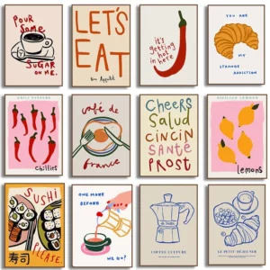 Affiche murale colorée avec croissant, fruits, café, pain