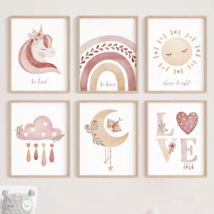 Affiche sur toile d'aquarelle licorne soleil lune arc-en-ciel nuage