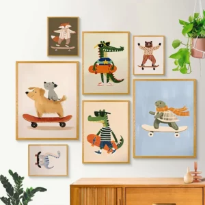 Affiche de dessin d'animaux mignon, Skateboard