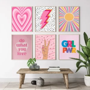 Affiche d'art abstrait rose avec dégradé d'amour, cœur et soleil