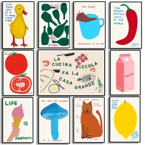 Affiche David Shrigley citation drôle sur la nourriture, fruits, thé, lait, vin