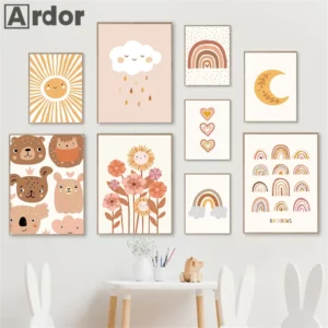 Affiche arc-en-ciel, nuage, lune, soleil, coeur