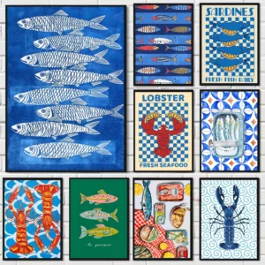 Affiche de sardine, homard, poisson, océan