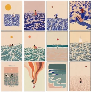 Affiche de vagues de mer, surf, pagaie, natation