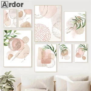 Affiche minimaliste abstraite et moderne, beige, rose et feuille verte géométrique