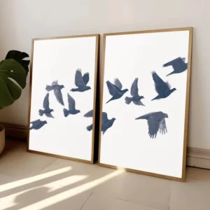Affiche de nuée d'oiseau bleu marine sur fond blanc