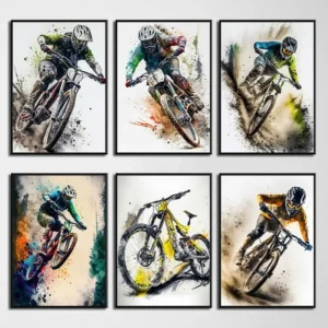 Affiche murale style aquarelle avec des VTT de descente