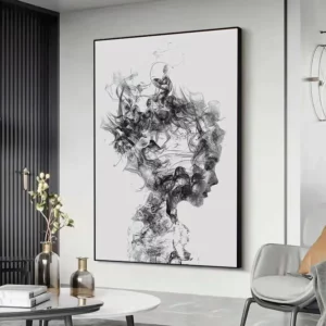Affiche silhouette artistique en fumée, portrait noir et blanc moderne et plumes abstraites noires et blanches