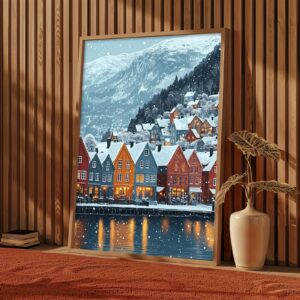 Affiche Paysage Nordique – Maisons Colorées en Hiver au Bord de l’Eau