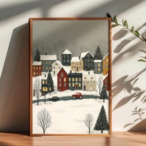 Affiche Village Sous la Neige – Décoration Hivernale Murale Style Scandinave